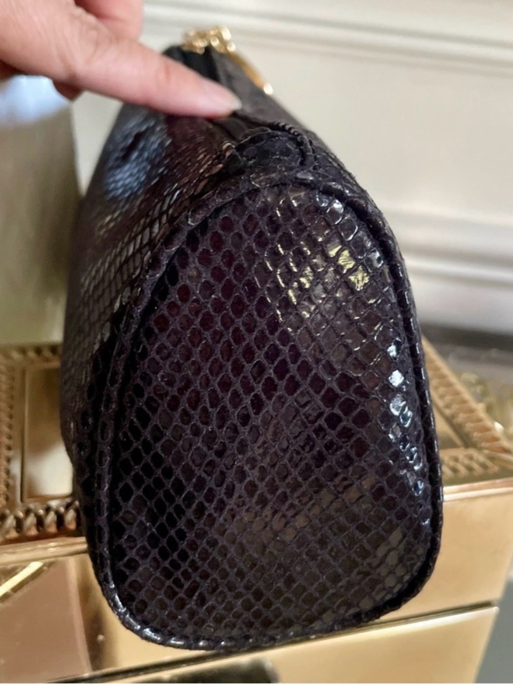 Michael Kors Black Snake-Embossed Leather Cosmetic Pouch w Gold MK Tassel EUC - Picture 15 of 15